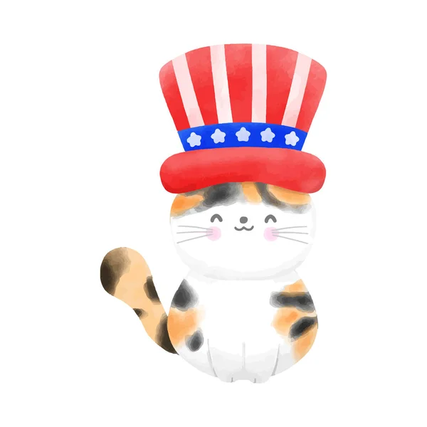 Glad Juli Söt Tecknad Katt Amerikansk Flagga Vektorillustration — Stock vektor