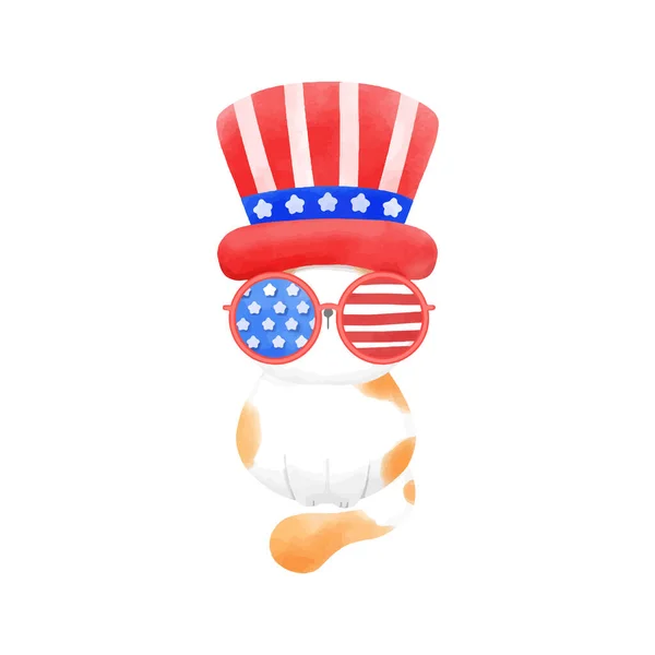 7月4日ハッピーかわいい漫画猫アメリカ国旗 ベクターイラスト — ストックベクタ