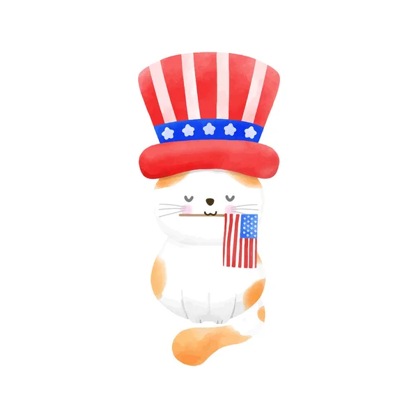 Feliz Julio Lindo Gato Dibujos Animados Bandera Americana Ilustración Vectorial — Archivo Imágenes Vectoriales