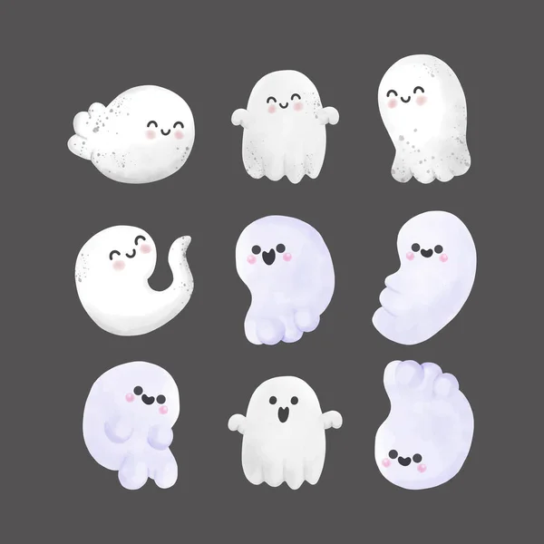 Little Cute Ghosts Collection Happy Halloween Set Watercolor Halloween Scary — Stock Vector