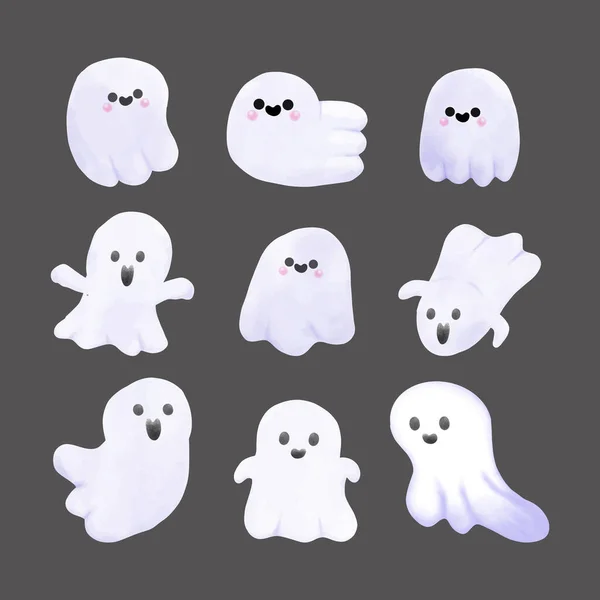 Little Cute Ghosts Collection Happy Halloween Set Watercolor Halloween Scary — Stock Vector