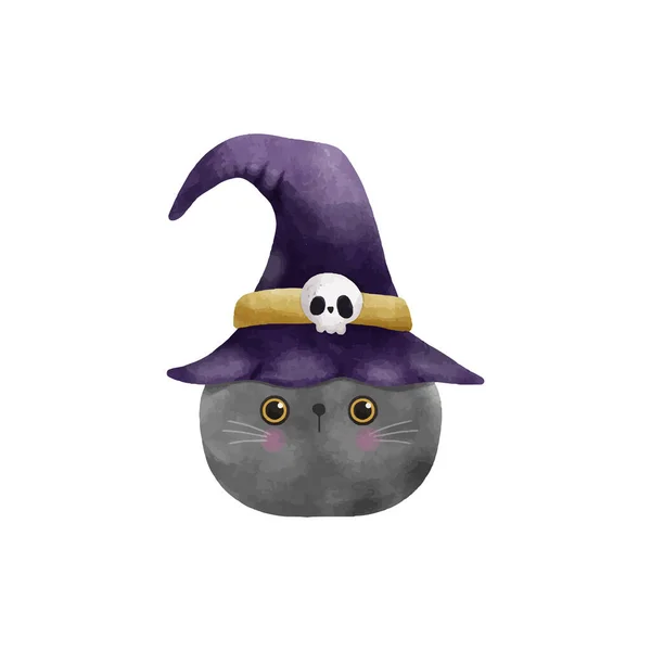 Joyeuse Fête Halloween Chat Noir Portant Chapeau Sorcière Tour Aquarelle — Image vectorielle