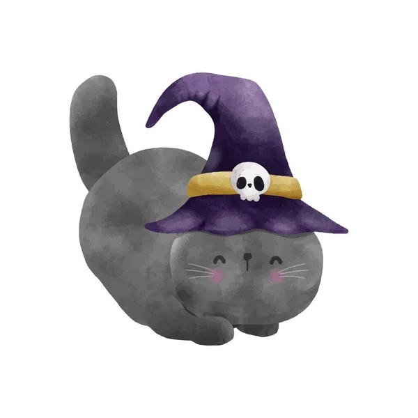 Happy Halloween Party Schwarze Katze Trägt Hexenhut Aquarell Trick Oder — Stockvektor