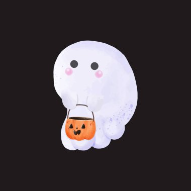 Küçük şirin hayaletler ellerinde balkabağı Mutlu Cadılar Bayramı suluboya korkunç hayalet canavarlar. Çizgi film ürkütücü karakter numarası ya da arka plan vektör illüstrasyonunda izole edilmiş tedavi