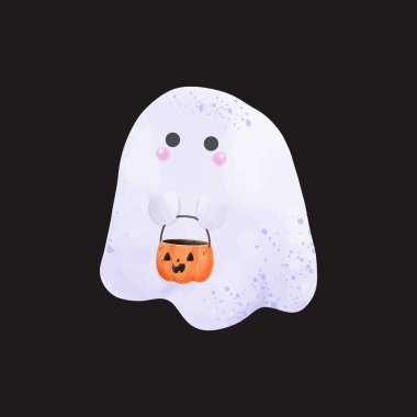 Küçük şirin hayaletler ellerinde balkabağı Mutlu Cadılar Bayramı suluboya korkunç hayalet canavarlar. Çizgi film ürkütücü karakter numarası ya da arka plan vektör illüstrasyonunda izole edilmiş tedavi