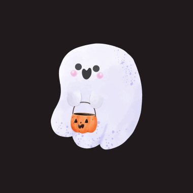 Küçük şirin hayaletler ellerinde balkabağı Mutlu Cadılar Bayramı suluboya korkunç hayalet canavarlar. Çizgi film ürkütücü karakter numarası ya da arka plan vektör illüstrasyonunda izole edilmiş tedavi