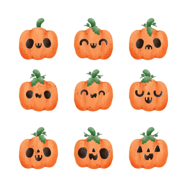 Sada Skupiny Jack Lucerna Dýně Akvarel Happy Halloween Dovolená Pomerančová — Stockový vektor