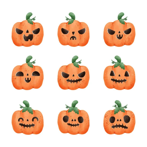 Set Group Jack Lantern Pumpkin Watercolor Happy Halloween Holiday Orange — Stock Vector