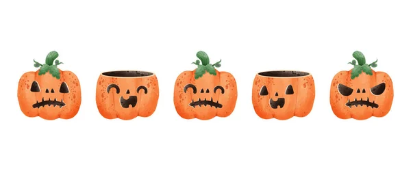 Sada Skupiny Jack Lucerna Dýně Akvarel Happy Halloween Dovolená Pomerančová — Stockový vektor