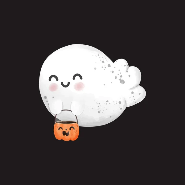 Pequenos Fantasmas Bonitos Segurando Abóbora Feliz Halloween Aquarela Halloween Assustador —  Vetores de Stock