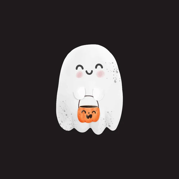 Hantu Kecil Yang Lucu Memegang Labu Happy Halloween Warna Air - Stok Vektor