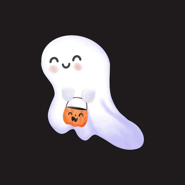 Små Söta Spöken Som Håller Pumpa Happy Halloween Akvarell Halloween — Stock vektor