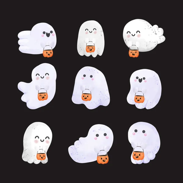 Conjunto Pequenos Fantasmas Bonitos Segurando Abóbora Feliz Halloween Aquarela Halloween —  Vetores de Stock