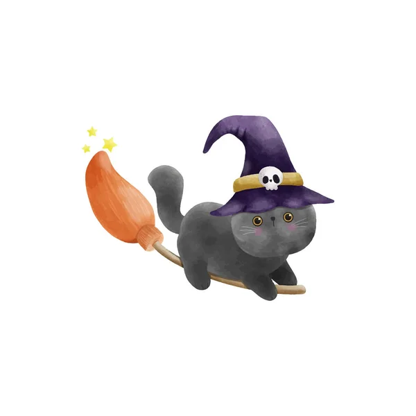 Acuarela Lindo Gato Negro Con Sombrero Bruja Escoba Halloween Elemento — Vector de stock