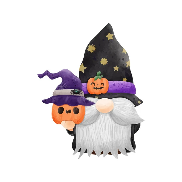 Akvarell Söt Gnome Glad Halloween Parti Vektor Illustration Vit Bakgrund — Stock vektor