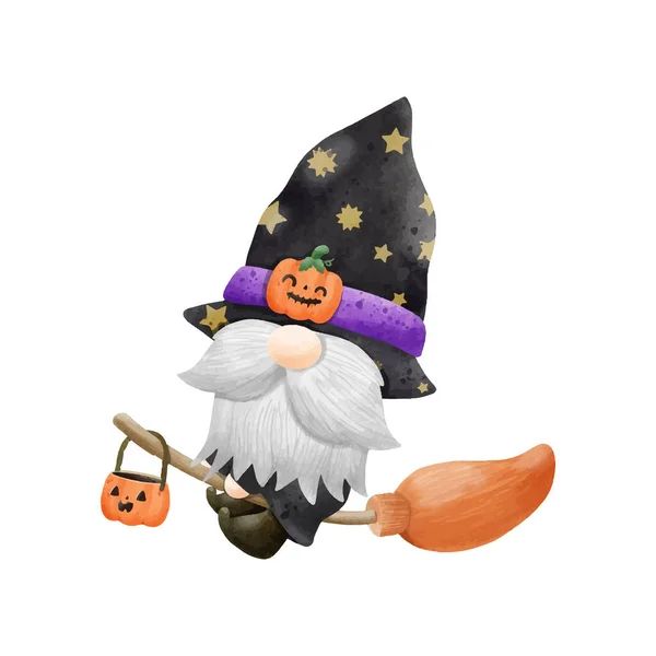 Watercolor Cute Gnome Happy Halloween Party Vector Illustration White Background — Stock Vector