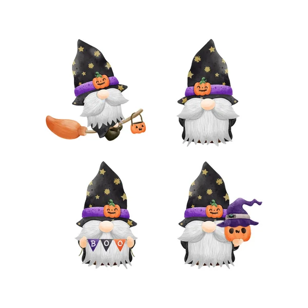 Sada Kolekce Akvarel Roztomilí Gnómové Šťastný Halloween Party Skupina Gnómové — Stockový vektor