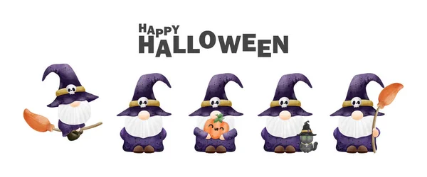 Készlet Gyűjtemény Watercolor Aranyos Törpék Boldog Halloween Party Csoport Törpék — Stock Vector