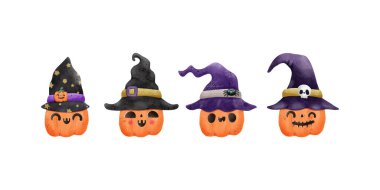 Cadılar bayramın kutlu olsun. Cadı şapkalı, suluboya balkabağı seti. Beyaz arkaplan vektör illüstrasyonunda izole edilmiş şaka ya da tedavi sembolü olarak gülümseme tasarımı olan turuncu balkabağı