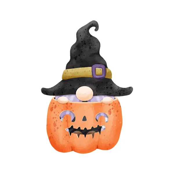 Watercolor Cute Gnome Pumpkin Happy Halloween Party Vector Illustration White — Stock Vector