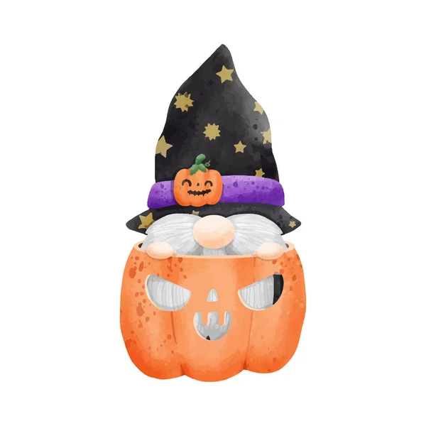Aquarelle Mignon Gnome Dans Citrouille Heureux Halloween Fête Vectoriel Illustration — Image vectorielle
