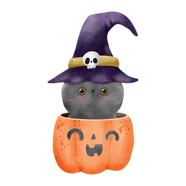 Aquarell Niedliche Schwarze Katze Kürbis Glücklich Halloween Party Vektor Illustration — Stockvektor