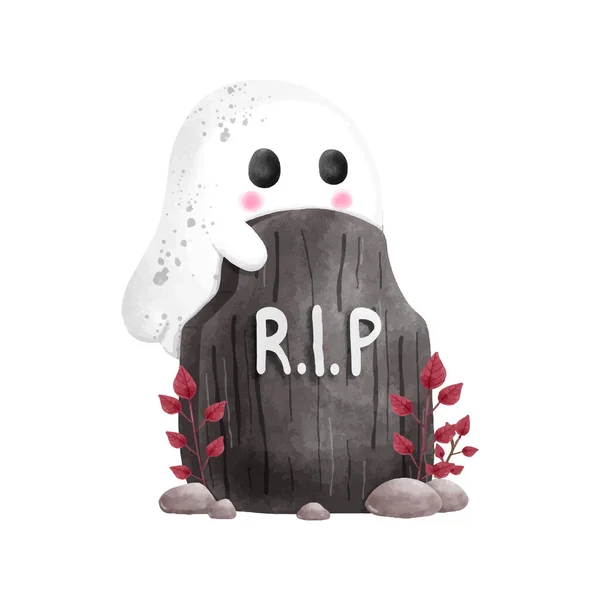 Gravestone Rippa Med Söta Spöke Halloween Rippa Akvarell Vektor Illustration — Stock vektor