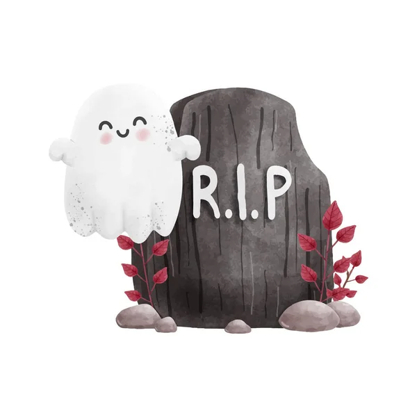 白い背景にかわいい幽霊ハロウィンリップ水彩ベクトルイラスト要素と墓碑の旅 — ストックベクタ