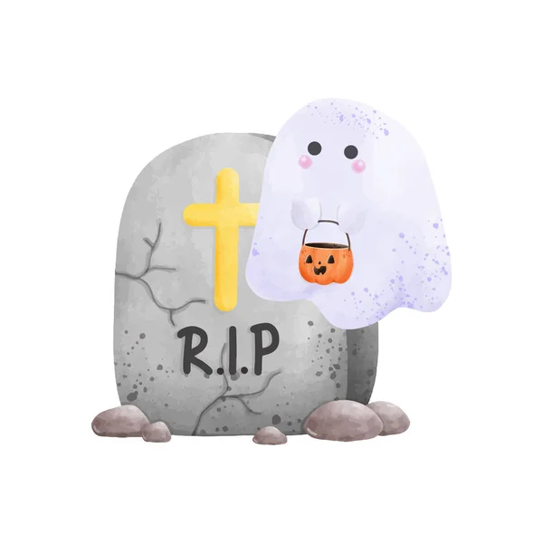 Gravestone Rip Cute Ghost Halloween Rip Watercolor Vector Illustration Element — Stock Vector