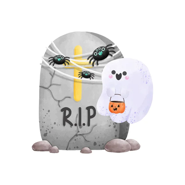 Gravestone Rip Χαριτωμένο Φάντασμα Απόκριες Rip Υδατογραφία Διάνυσμα Εικονογράφηση Στοιχείο — Διανυσματικό Αρχείο