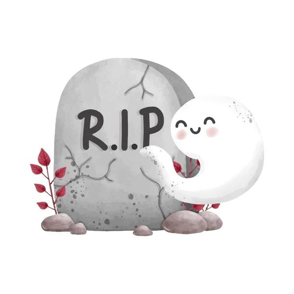 Gravestone Rip Cute Duch Halloween Rip Akwarela Wektor Element Ilustracji — Wektor stockowy