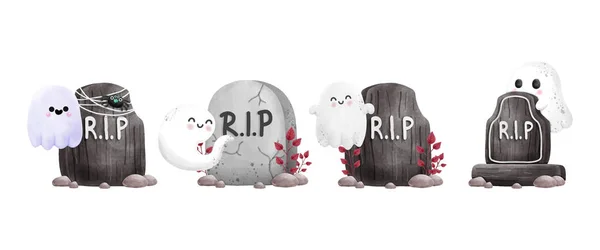 Ensemble Collection Gravestone Déchirure Avec Fantôme Mignon Halloween Déchirure Aquarelle — Image vectorielle