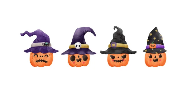 Sada Jack Lucerna Dýně Sobě Čarodějnice Klobouk Akvarel Happy Halloween — Stockový vektor