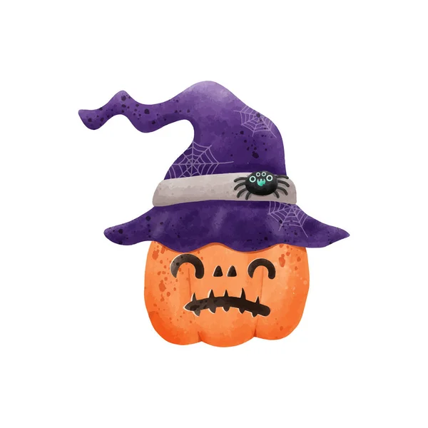 Jack Lantern Pumpkin Wearing Witch Hat Watercolor Happy Halloween Holiday — Stock Vector