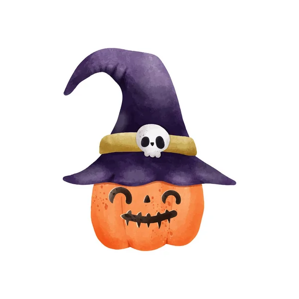 Jack Lanterne Citrouille Portant Chapeau Sorcière Aquarelle Joyeuses Vacances Halloween — Image vectorielle