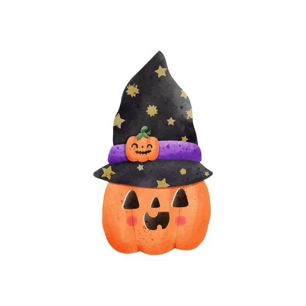 Jack Linterna Calabaza Con Sombrero Bruja Acuarela Feliz Fiesta Halloween — Vector de stock