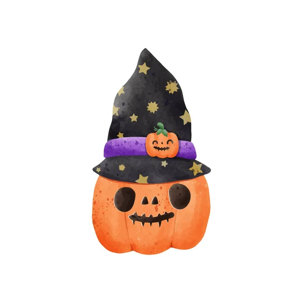Jack Lanterne Citrouille Portant Chapeau Sorcière Aquarelle Joyeuses Vacances Halloween — Image vectorielle