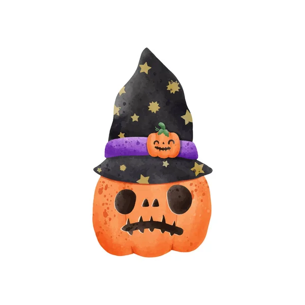 Jack Lámpa Tök Visel Boszorkány Kalap Akvarell Boldog Halloween Ünnep — Stock Vector