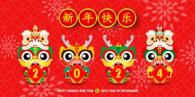 Mutlu Çin Yeni Yılı 2024 ve ejderha burcu takviminin küçük ejderhası afiş tasarımı gong xi fa cai arka plan illüstrasyon vektörü mutlu yıllar tercümesi