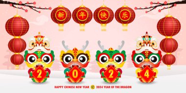 Mutlu Çin Yeni Yılı 2024 ve ejderha burcu takviminin küçük ejderhası afiş tasarımı gong xi fa cai arka plan illüstrasyon vektörü mutlu yıllar tercümesi