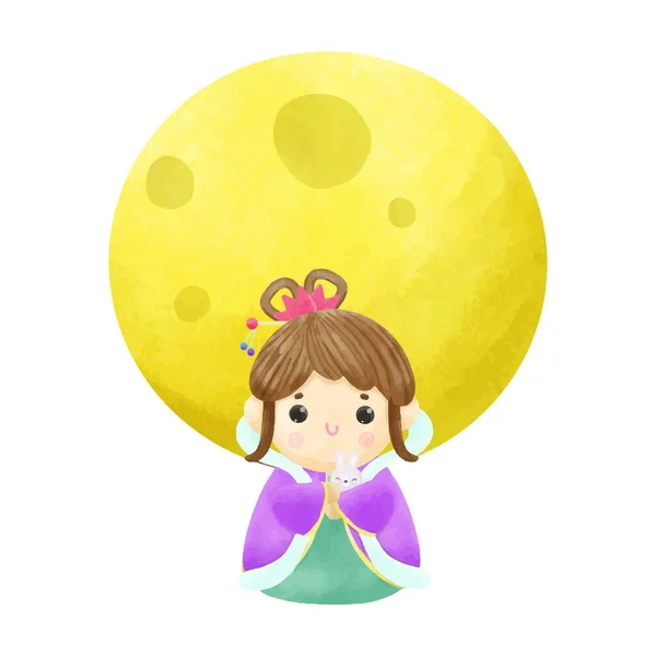 Mid Autumn Festival Moon Goddess Lady Angel Watercolor White Blackground — Stock Vector