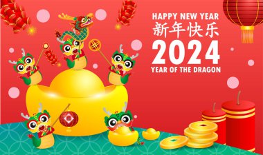 Mutlu Çin Yeni Yılı 2024 ve ejderha burcu takviminin küçük ejderhası afiş tasarımı gong xi fa cai arka plan illüstrasyon vektörü mutlu yıllar tercümesi