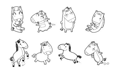 Güzel bir çizgi film atı. El, beyaz arkaplanda izole edilmiş karalama çizgi roman çizim vektörü.