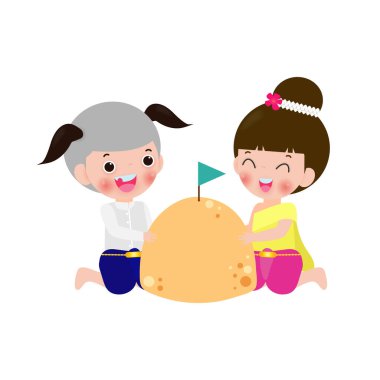 Songkran festivali tatlı çocuklar Tayland geleneksel ve kumlu pagoda Tayland geleneksel Yeni Yıl Vektör İlülasyonu beyaz arka planda Tayland seyahat konseptini tasvir ediyor