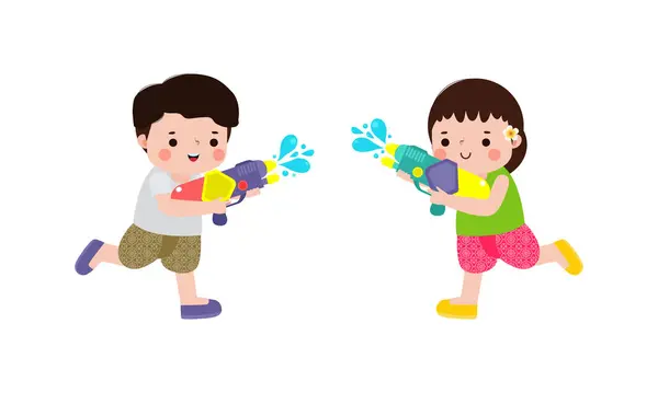 Songkran Fesztivál Gyerekek Thai Hagyományos Élvezze Fröccsenő Víz Thaiföld Újévi — Stock Vector