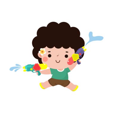 Songkran festivali çocuğu Thai Geleneksel su tabancasının keyfini çıkar su sıçratarak Tayland çizgi film karakteri düz stil mutlu yıllar yeni yıl vektör ilüstrasyonları beyaz arka planda