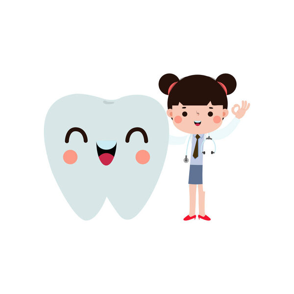Happy Dentist with Tooth character Cute cartoon flat style vector illustration on white background