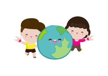 Dünya günü, şirin çocuklar dünyayı kurtarıyor, dünya çevre günü, beyaz arka plan vektörü çizimi düz bir şekilde