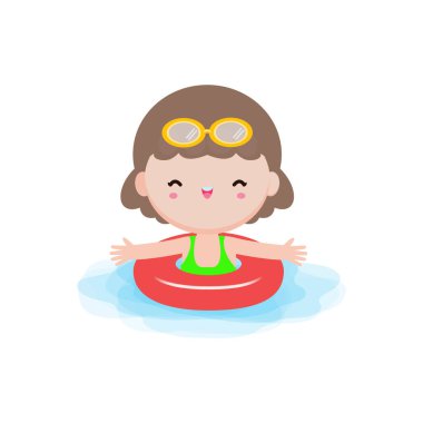 Yüzük takan çocuk, Sevimli Çocuklar çizgi film havuz partisi karakterleri, tatillerini deniz kenarında geçiren çocuk ya da beyaz arka planda yüzme havuzu illüstrasyonu