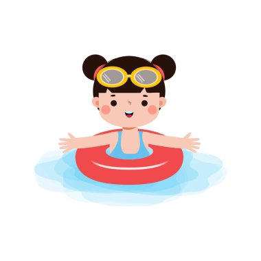 Yüzük takan çocuk, Sevimli Çocuklar çizgi film havuz partisi karakterleri, tatillerini deniz kenarında geçiren çocuk ya da beyaz arka planda yüzme havuzu illüstrasyonu